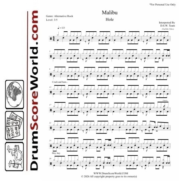 Hole - Malibu | Drum Sheet